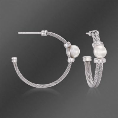 Charriol "Classique" Diamond and Pearl Hoop Earrings in Stainless and 18kt White Gold &mdash; Alt Image 1