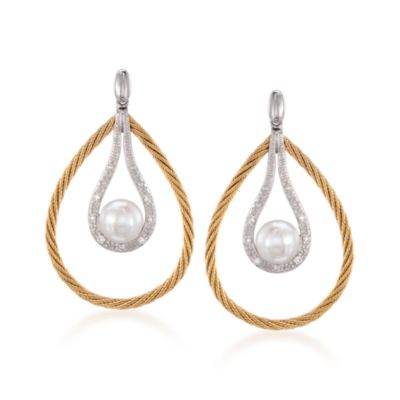 Charriol "Classique" Pearl and .13 ct. t.w. Diamond Earrings in Stainless Steel and 18kt Gold &mdash; Alt Image 1