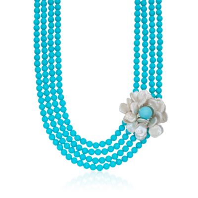 Turquoise and Keishi Pearl Flower Necklace in Sterling Silver. 17" &mdash; Alt Image 1