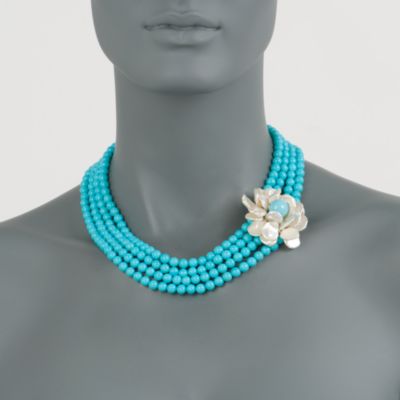 Turquoise and Keishi Pearl Flower Necklace in Sterling Silver. 17" &mdash; Alt Image 2