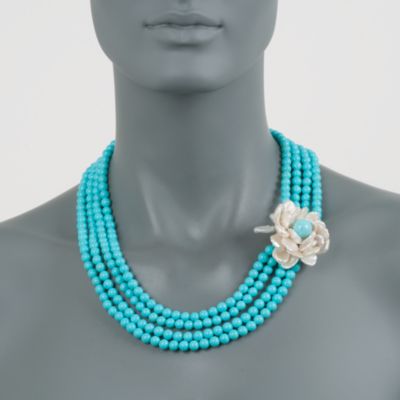 Turquoise and Keishi Pearl Flower Necklace in Sterling Silver. 17" &mdash; Alt Image 3