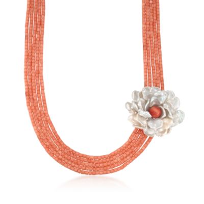 Coral Bead Necklace With Keshi Pearl Flower in Sterling Silver &mdash; Alt Image 1