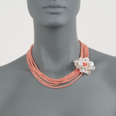 Coral Bead Necklace With Keshi Pearl Flower in Sterling Silver &mdash; Alt Image 2