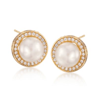 11.5-12mm Pearl and 2.15 ct. t.w. CZ Earrings in 14kt Over Sterling &mdash; Alt Image 1