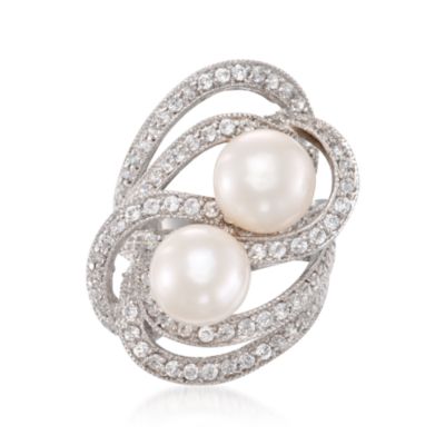 9-10mm Pearl and 2.15 ct. t.w. CZ Swirl Ring in Sterling Silver &mdash; Alt Image 1