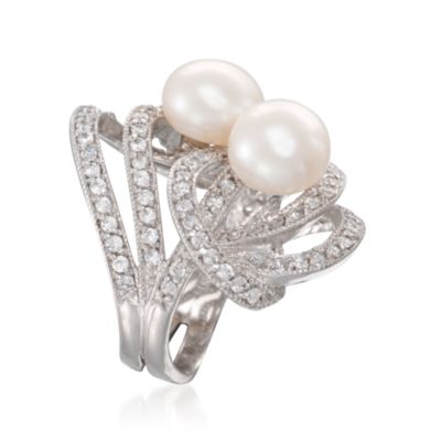 9-10mm Pearl and 2.15 ct. t.w. CZ Swirl Ring in Sterling Silver &mdash; Alt Image 3
