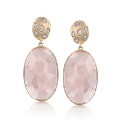 Oval Rose Quartz Earrings With .10 ct. t.w. Diamonds in 18kt Over Sterling &mdash; Alt Image 1