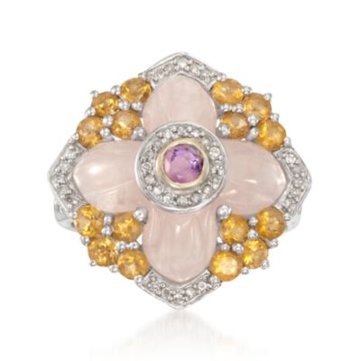 Rose Quartz and .90 ct. t.w. Multi-Gemstone Ring With .10 ct. t.w. Diamonds in Sterling Silver &mdash; Alt Image 1