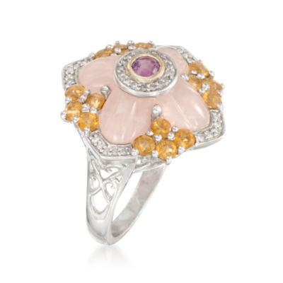 Rose Quartz and .90 ct. t.w. Multi-Gemstone Ring With .10 ct. t.w. Diamonds in Sterling Silver &mdash; Alt Image 3