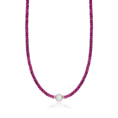 Pink Tourmaline and 9-10mm Pearl Necklace in 14kt Yellow Gold. 18" &mdash; Alt Image 1