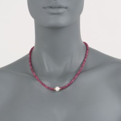 Pink Tourmaline and 9-10mm Pearl Necklace in 14kt Yellow Gold. 18" &mdash; Alt Image 2