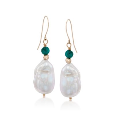 12-13mm Baroque Pearl and Turquoise Drop Earrings in 14kt Yellow Gold &mdash; Alt Image 1