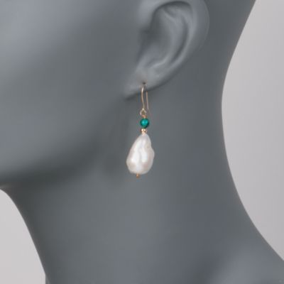 12-13mm Baroque Pearl and Turquoise Drop Earrings in 14kt Yellow Gold &mdash; Alt Image 2