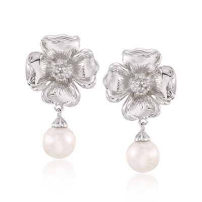 9mm Pearl and .10 ct. t.w. Diamond Earrings in Sterling Silver &mdash; Alt Image 1