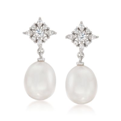 9-9.5mm Pearl and 1.00 ct. t.w. CZ Drop Earrings in Sterling Silver &mdash; Alt Image 1