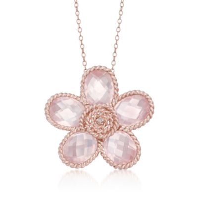 Rose Quartz Flower Pendant Necklace With Diamonds In Sterling Silver. 18" &mdash; Alt Image 1