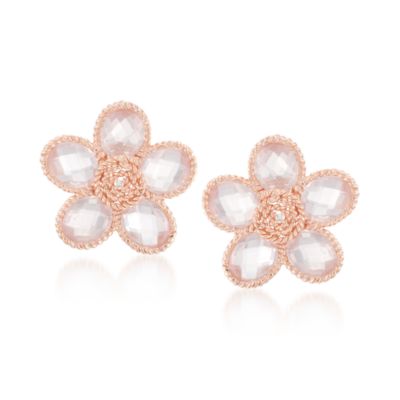 Rose Quartz Flower Earrings With Diamonds in Sterling Silver &mdash; Alt Image 1