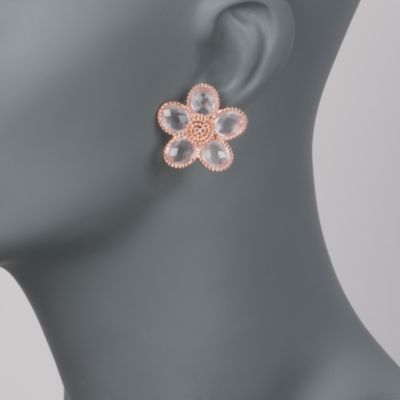 Rose Quartz Flower Earrings With Diamonds in Sterling Silver &mdash; Alt Image 2