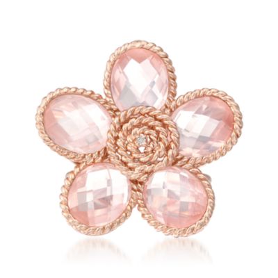 Rose Quartz Flower Ring With Diamond in Pink Sterling Silver &mdash; Alt Image 1