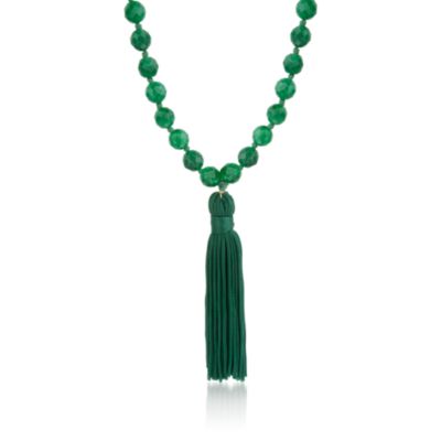 Green Onyx Bead Tassel Necklace With Gold Plate. 36" &mdash; Alt Image 1