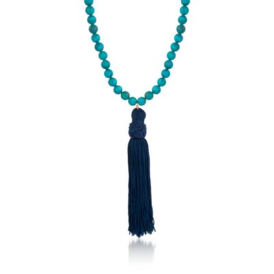 Turquoise Bead Tassel Necklace With Gold Plate. 36" &mdash; Alt Image 1