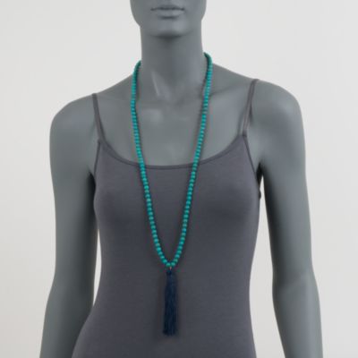 Turquoise Bead Tassel Necklace With Gold Plate. 36" &mdash; Alt Image 2