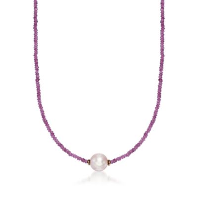 Rhodolite Bead and 8.5-9mm Pink Pearl Necklace in 14kt Yellow Gold. 16" &mdash; Alt Image 1