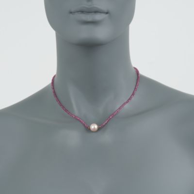 Rhodolite Bead and 8.5-9mm Pink Pearl Necklace in 14kt Yellow Gold. 16" &mdash; Alt Image 2