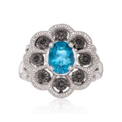 1.00 Carat London Blue Topaz and Black Diamond Flower Ring in Sterling Silver &mdash; Alt Image 1