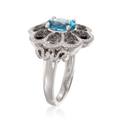1.00 Carat London Blue Topaz and Black Diamond Flower Ring in Sterling Silver &mdash; Alt Image 3