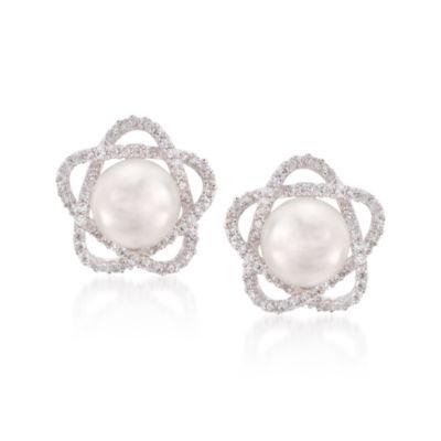 9.5-10mm Star Pearl and 1.40 ct. t.w. CZ Earrings in Sterling Silver. Post Earrings &mdash; Alt Image 1