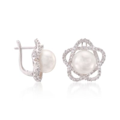 9.5-10mm Star Pearl and 1.40 ct. t.w. CZ Earrings in Sterling Silver. Post Earrings &mdash; Alt Image 3