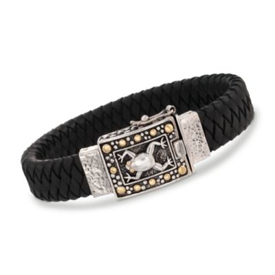 Balinese Braided Black Leather Frog Bracelet in Two-Tone. 7.5" &mdash; Alt Image 1