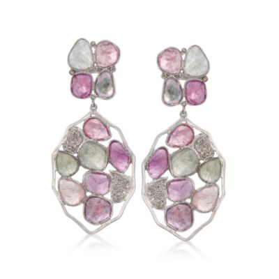 51.30 ct. t.w. Multicolored Sapphire and .50 ct. t.w. Diamond Earrings in Two-Tone &mdash; Alt Image 1