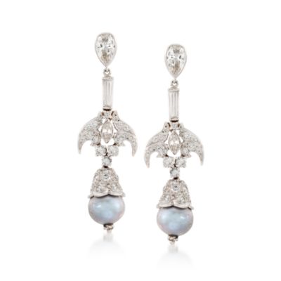 C 1980 Vintage 8.5mm Gray Cultured Pearl and 3.50 ct. t.w. Diamond Drop Earrings in 14kt White Gold &mdash; Alt Image 1