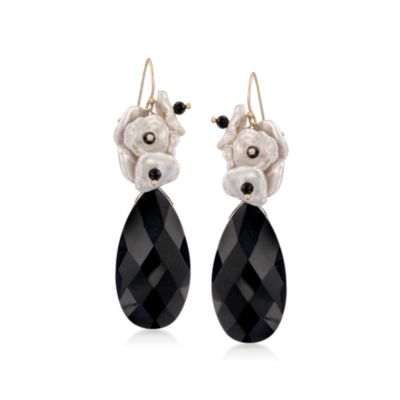 Black Onyx and Pearl Drop Earrings in 18kt Over Sterling &mdash; Alt Image 1