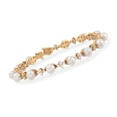 C. 1990 Vintage Tiffany Jewelry Pearl and 2.00 ct. t.w. Diamond Bracelet in 18kt Yellow Gold. 7" &mdash; Alt Image 1