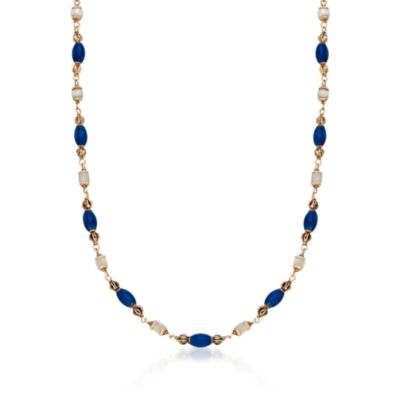 C. 1970 Vintage 5mm Pearl and Blue Enamel Bead Necklace in 18kt Yellow Gold. 31" &mdash; Alt Image 1