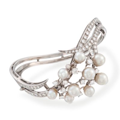C. 1960 Vintage 6-7.5mm Pearl and 3.00 ct. t.w. Diamond Bangle Bracelet In Platinum. 6.5" &mdash; Alt Image 1