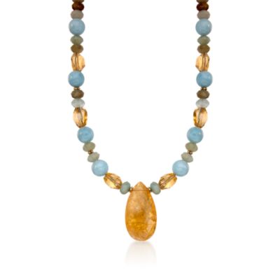 Aquamarine and .85 ct. t.w. Citrine Bead Necklace in 14kt Yellow Gold &mdash; Alt Image 1
