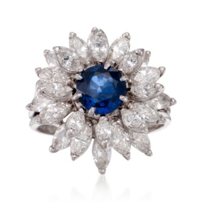 C. 1975 Vintage 1.24 Carat Sapphire and 3.00 ct. t.w. Diamond Floral Ring in Platinum. Size 4.75 &mdash; Alt Image 1