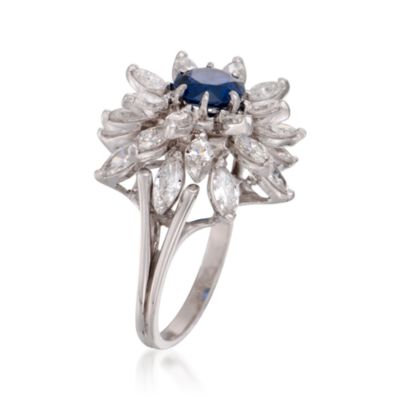C. 1975 Vintage 1.24 Carat Sapphire and 3.00 ct. t.w. Diamond Floral Ring in Platinum. Size 4.75 &mdash; Alt Image 3