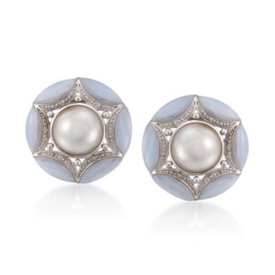 Agate and 9.5-10mm Mabe Pearl Earrings With Diamonds in Sterling Silver &mdash; Alt Image 1
