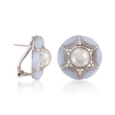 Agate and 9.5-10mm Mabe Pearl Earrings With Diamonds in Sterling Silver &mdash; Alt Image 3