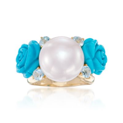 Composed Turquoise and Pearl Floral Ring With .90 ct. t.w. Blue Topaz In 18kt Gold Over Sterling Silver &mdash; Alt Image 1