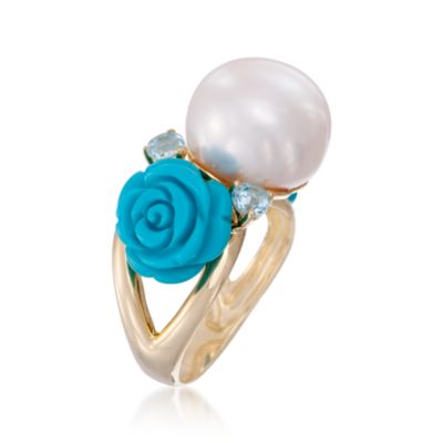 Composed Turquoise and Pearl Floral Ring With .90 ct. t.w. Blue Topaz In 18kt Gold Over Sterling Silver &mdash; Alt Image 3