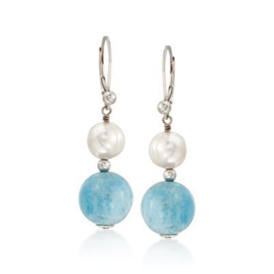 8-8.5mm Pearl and Aquamarine Drop Earrings in Sterling Silver &mdash; Alt Image 1