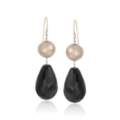 9.5-10mm Champagne Pearl and Black Onyx Drop Earrings in 14kt Yellow Gold &mdash; Alt Image 1