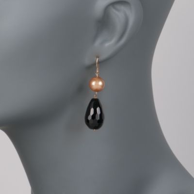 9.5-10mm Champagne Pearl and Black Onyx Drop Earrings in 14kt Yellow Gold &mdash; Alt Image 2