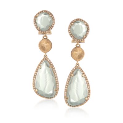 13.00 ct. t.w. Green Amethyst and .73 ct. t.w. Diamond Drop Earrings in 14kt Yellow Gold &mdash; Alt Image 1